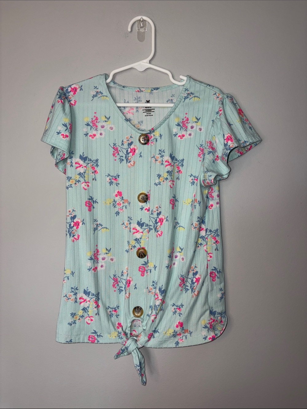 One Step Ahead Light Blue Floral Button-Front Tie Hem Top Youth M